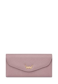 Light pink textured wallet with an envelope design, featuring a gold embroidered logo on the front and a flap closure.