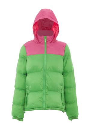 Grøn og pink dunjakke med påsat hætte, lynlås foran og sidelommer, vist på en helt hvid baggrund.