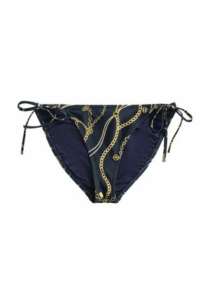 Marineblauwe bikinibroekjes met gouden kettingprint en verstelbare zijstrikjes op een witte achtergrond.