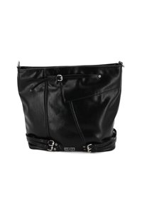 Borsa a tracolla nera in pelle con una texture liscia, design asimmetrico unico, tasca con zip e dettagli della tracolla regolabile.