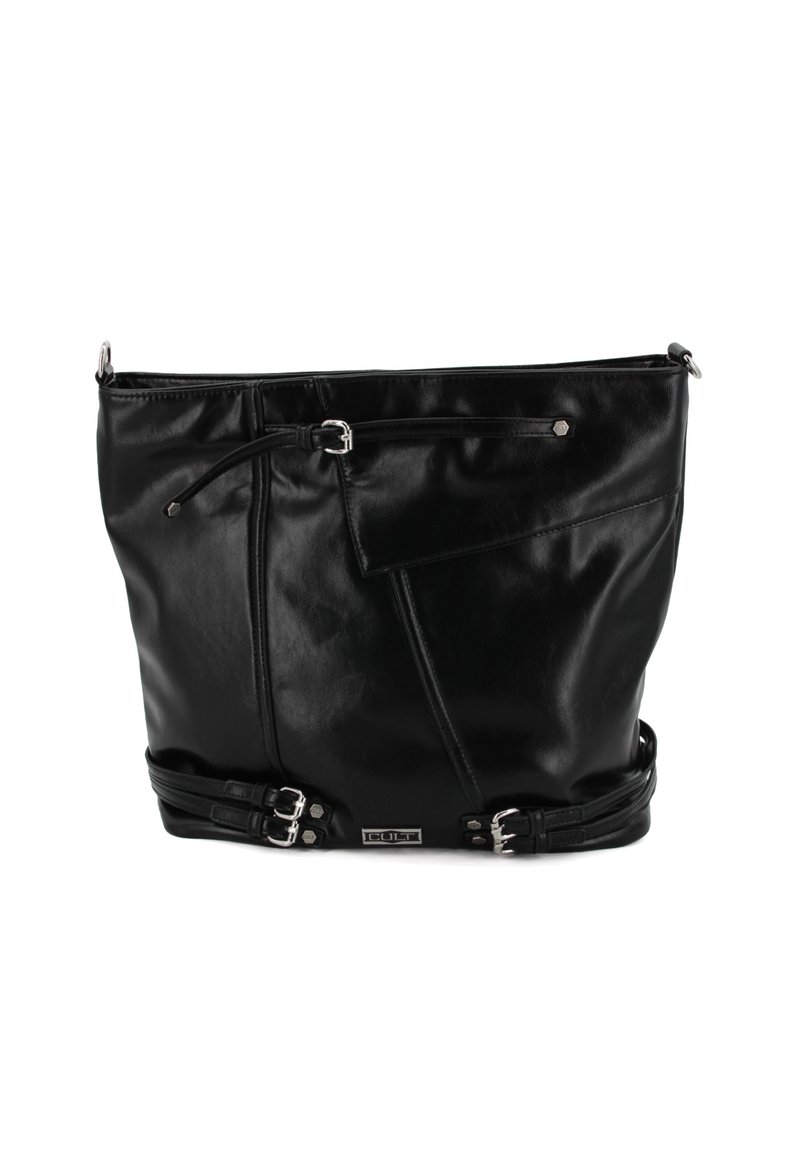 Borsa a tracolla nera in pelle con una texture liscia, design asimmetrico unico, tasca con zip e dettagli della tracolla regolabile.