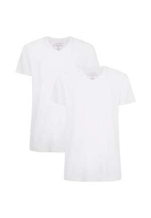 Due magliette a manica corta e scollo a V di colore bianco, realizzate in tessuto morbido e con una vestibilità comoda. L'etichetta riporta "Bamboo Basics", taglia L.