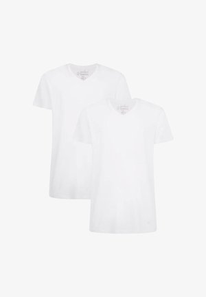 Due magliette a manica corta e scollo a V di colore bianco, realizzate in tessuto morbido e con una vestibilità comoda. L'etichetta riporta "Bamboo Basics", taglia L.