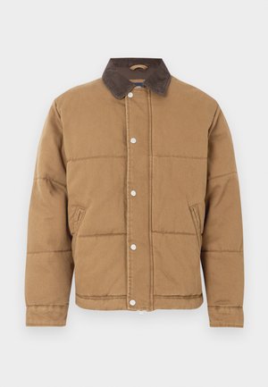 Brown padded jacket with a corduroy collar, snap buttons, and side pockets. Textured fabric with horizontal stitching details.