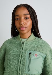 Green fleece jacket with a textured finish, featuring a zippered chest pocket, ribbed collar, and a logo patch. Soft material and casual design.