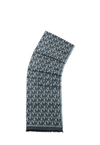 Écharpe tissée avec un motif en logo 'MK' répété en gris foncé sur un fond gris clair, avec des bords frangés pour ajouter de la texture.