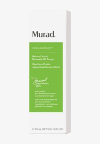 Vit rektangulär låda med en lysande grön etikett. Texten lyder "Murad Resurgence Retinol Youth Renewal Oil Drops," storlek 30 mL.