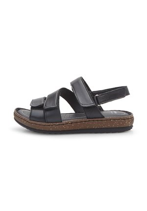 Black leather sandals with three wide straps, a textured brown sole, and cushioned footbed. Adjustable heel strap for fit.