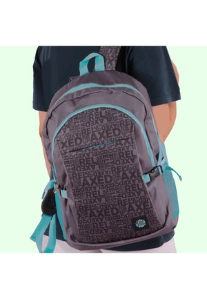 Gray backpack with teal accents features a textured front panel displaying "RELAXED" text, adjustable straps, and a side mesh pocket.