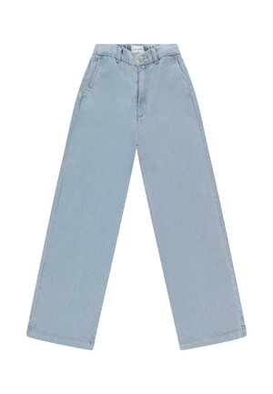 Lichtblauwe denim jeans met een brede pijp, voorzien van een knoopsluiting aan de voorkant, twee zijzakken en een gladde textuur.