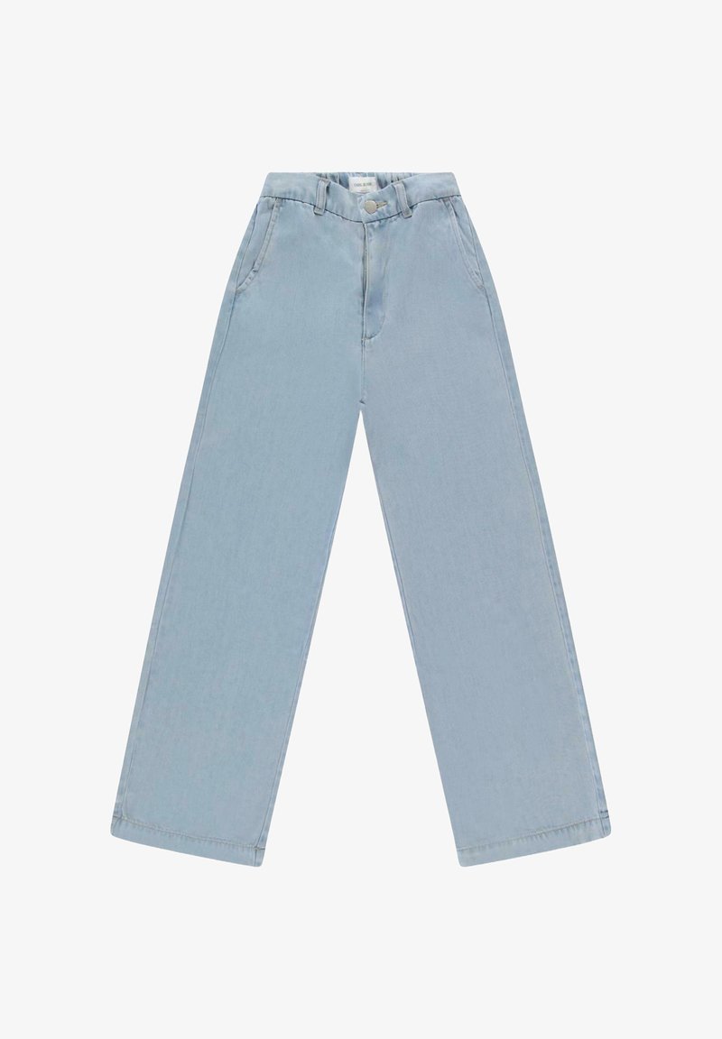 Lichtblauwe denim jeans met een brede pijp, voorzien van een knoopsluiting aan de voorkant, twee zijzakken en een gladde textuur.