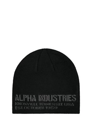 Gorro de punto negro con texto gris que dice "Alpha Industries Knoxville Tennessee USA Est October 1959" en el borde inferior frontal.