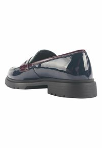 Navy patent leather slip-on shoe with a maroon accent, rounded toe, and black rubber sole featuring horizontal grooves for traction.