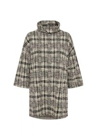 Top de cuadros con cuello alto en tela suave, que combina colores negro y beige, con forma cuadrada y mangas anchas de ajuste relajado.