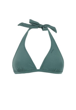 Groen textuurstof bikinibovenstuk met halternekkoord en driehoekige cups.