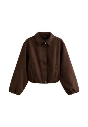 Bruine jas van neefsuedine met een kraag, lange ballonmouwen, zakken en een elastische zoom. Voorzien van een knoopsluiting.