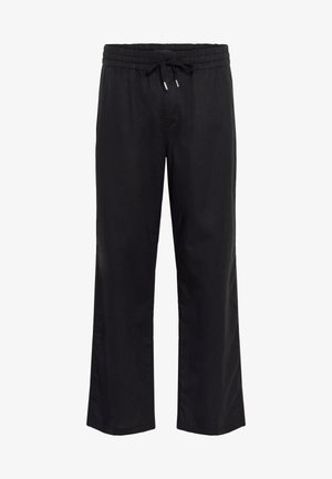 Pantaloni neri a vestibilità ampia con vita elasticizzata e coulisse regolabile, gambe dritte, senza tasche visibili o motivi.