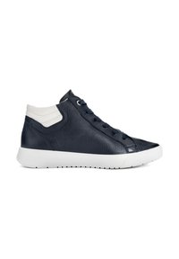 Navy leather high-top sneaker with white accents, round toe, and rounded sole; features a textured finish and lace-up design.
