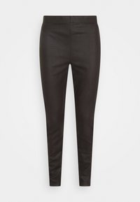 Leggings pretos em couro sintético com uma textura suave e um ajuste justo, apresentando um cós elástico e detalhes sutis de padrão de crocodilo.