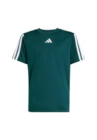 Donkergroen t-shirt van gladde stof, met witte schouderstrepen en een wit logo centraal boven de borst.