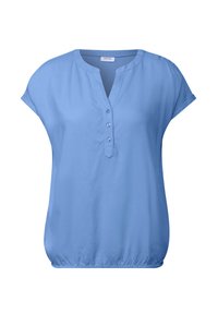 Blusa azzurro chiaro a maniche corte con scollatura a V e patta con cinque bottoni. Caratterizzata da una vestibilità morbida e orlo inferiore arricciato per una silhouette rilassata.