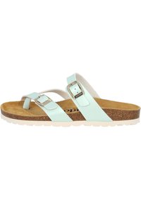 Light blue synthetic sandals with two adjustable straps, silver buckles, and a cork footbed; flexible white rubber sole.