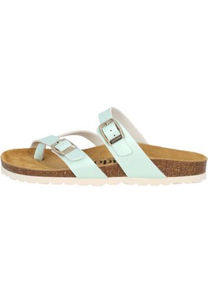 Light blue synthetic sandals with two adjustable straps, silver buckles, and a cork footbed; flexible white rubber sole.