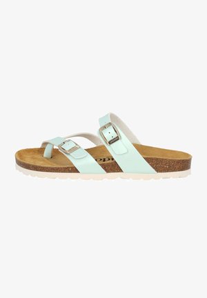 Sandali sintetici azzurri chiari con due cinturini regolabili, fibbie argentate e soletta in sughero; suola in gomma bianca flessibile.