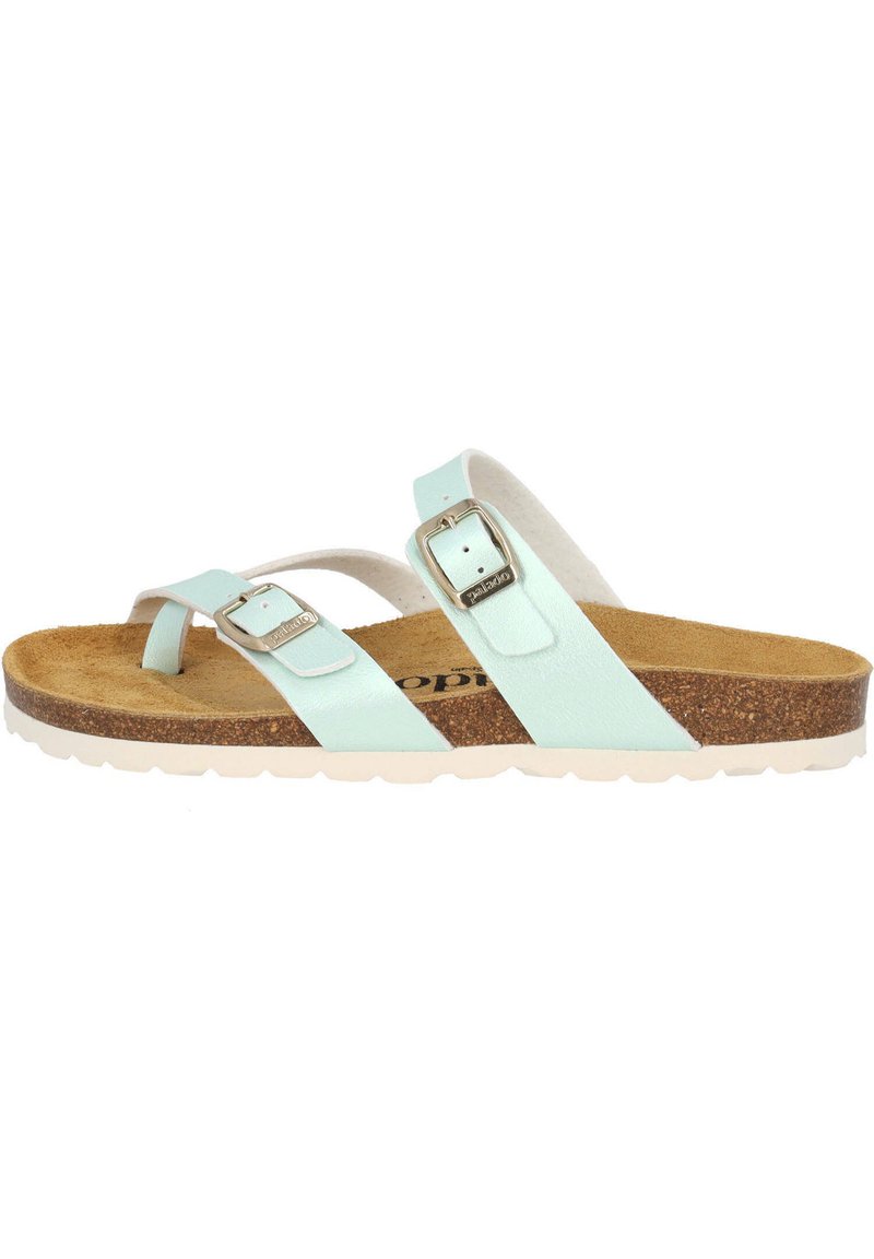 Light blue synthetic sandals with two adjustable straps, silver buckles, and a cork footbed; flexible white rubber sole.