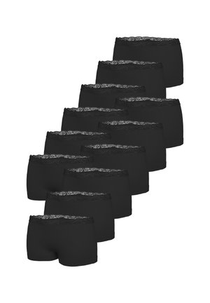 Ten black women's hipster underwear with lace trim stacked diagonally on white background.