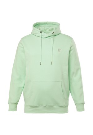 Mintgrøn hættetrøje i bomuldsblanding, justerbare snoretræk, frontal kengurulomme, med et lille logo på brystet.
