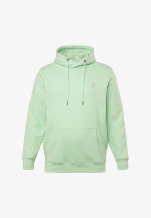 Felpa verde menta, in misto cotone, con cordini regolabili, tasca a marsupio frontale, caratterizzata da un piccolo logo sul petto.