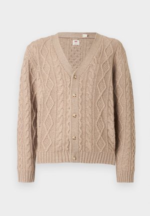 Cardigan beige a trecce con scollo a V, sei bottoni sul davanti e polsini e orlo a coste.