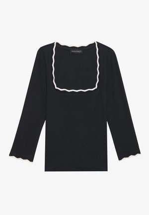 Haut noir à manches longues avec un décolleté carré, orné d'une bordure ondulée blanche le long du décolleté et des ourlets des manches. Fabriqué en tissu coton doux.