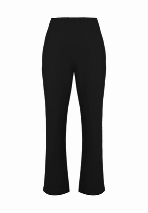 Sorte bukser med en glat struktur, der har høj talje, to forlommer og et let udvidet ben.