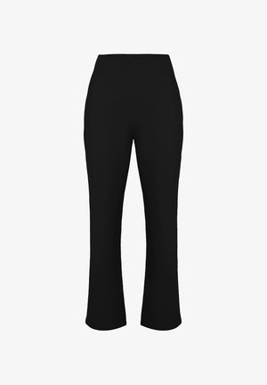 Sorte bukser med en glat struktur, der har høj talje, to forlommer og et let udvidet ben.