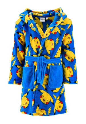 Kinder-Blaumann-Bademantel aus Fleece mit Kapuze, Gürtel, Fronttaschen und einem Muster aus gelben Pikachu-Gesichtern und Blitzsymbolen.