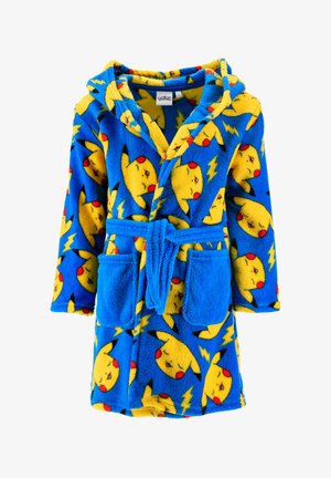 Children's blue fleece bathrobe with hood, belt, front pockets, and yellow Pikachu faces and lightning bolts pattern.