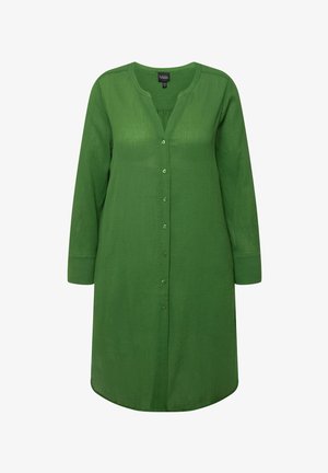 Grün knielanges Hemdkleid mit langen Ärmeln, aus strukturiertem Stoff. Besitzt einen V-Ausschnitt und einen abgerundeten Saum. Knöpfe verlaufen entlang der Vorderseite.
