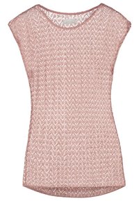 Růžový pletený top se vzorem chevron, krátkými rukávy a výstřihem do véčka. Lehký materiál s mírně průsvitnou strukturou.