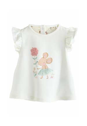 Balta medvilnė marškiniai trumpomis rankovėmis, kuriuose pavaizduota pelė su gėle, dekoratyvūs raukiniai rankovėse ir pasteliniais siuvinėjimo akcentais.