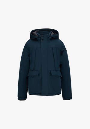 Giacca isolante blu scuro con cappuccio, dotata di chiusura anteriore a bottoni, due ampie tasche a soffietto e una texture solida.