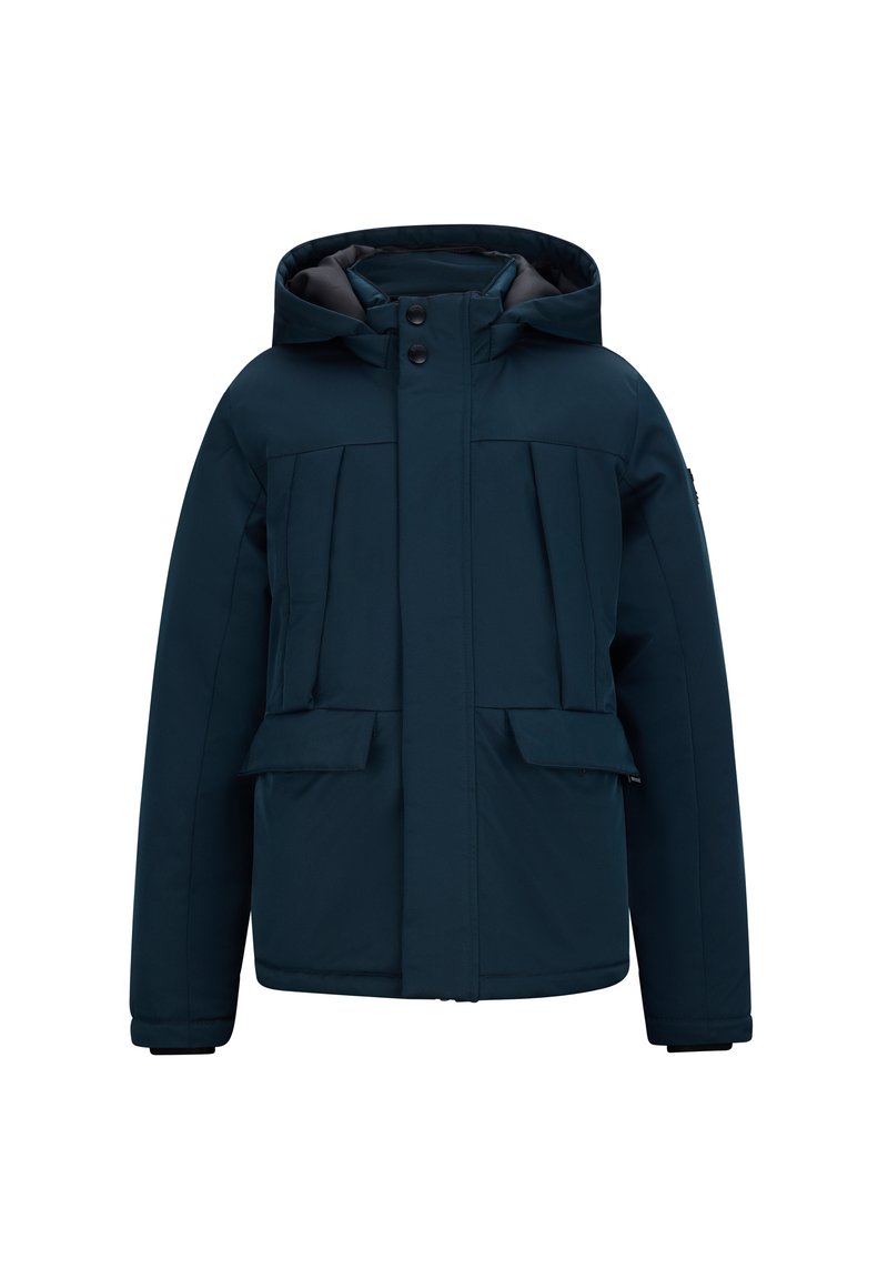 Giacca isolante blu scuro con cappuccio, dotata di chiusura anteriore a bottoni, due ampie tasche a soffietto e una texture solida.
