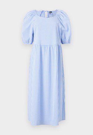 Blue and white gingham midi dress with puff sleeves, square neckline, and gathered waist. Made from lightweight fabric with a flowy design.