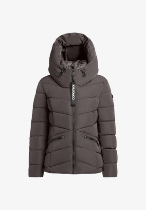 Donzen jack in donkergrijs met een hoge kraag, ritssluiting, twee ritszakken en een gestikt patroon voor isolatie.