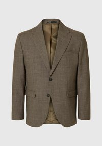 Blazer marrón texturizado con cuello de muesca, dos bolsillos frontales y dos botones. El interior tiene un forro liso de color claro. Corte regular.