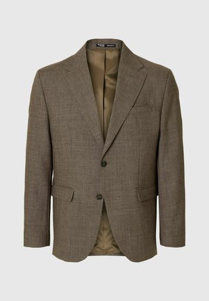 Blazer marrón texturizado con cuello de muesca, dos bolsillos frontales y dos botones. El interior tiene un forro liso de color claro. Corte regular.