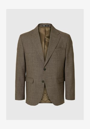 Blazer marron texturé avec un col cranté, deux poches avant et deux boutons. À l'intérieur, il a une doublure lisse de couleur claire. Coupe régulière.