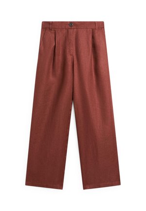 Rostkleurige broek met hoge taille en wijde pijpen, knoopsluiting, riemlussen, steekzakken en plooien aan de voorkant.