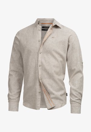 Ljusbeige skjorta med knappar och en subtil randig mönstring, med orange accentstygn och krage. Skuren för en modern passform.